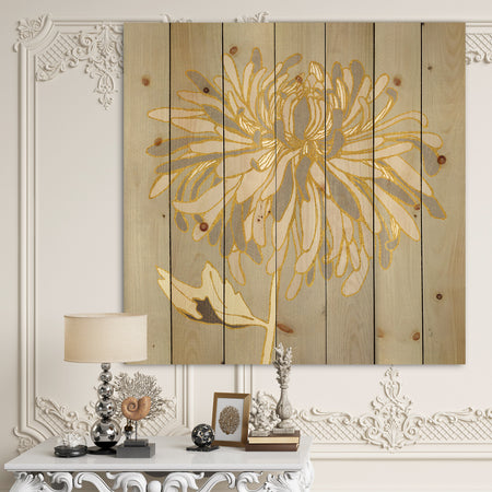 Gold Metallic Floral Garden I - Modern Glam Print on Natural Pine Wood