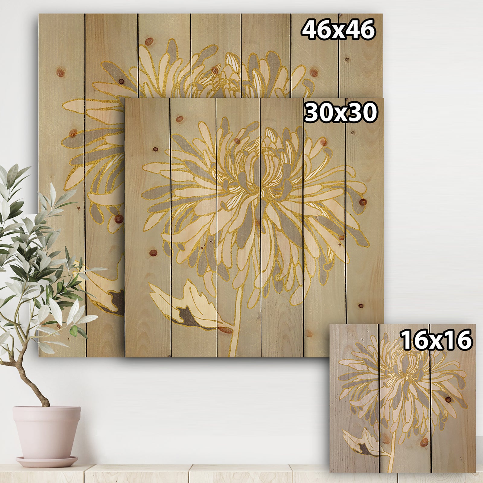 Gold Metallic Floral Garden I - Modern Glam Print on Natural Pine Wood