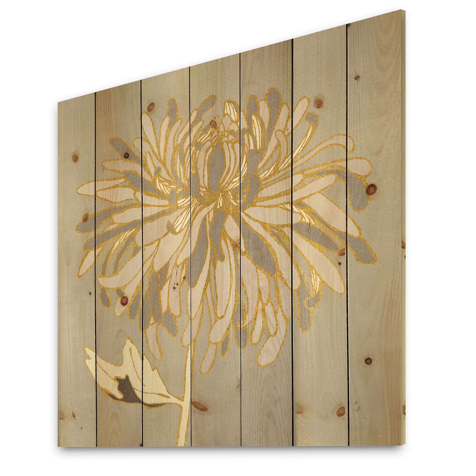 Gold Metallic Floral Garden I - Modern Glam Print on Natural Pine Wood