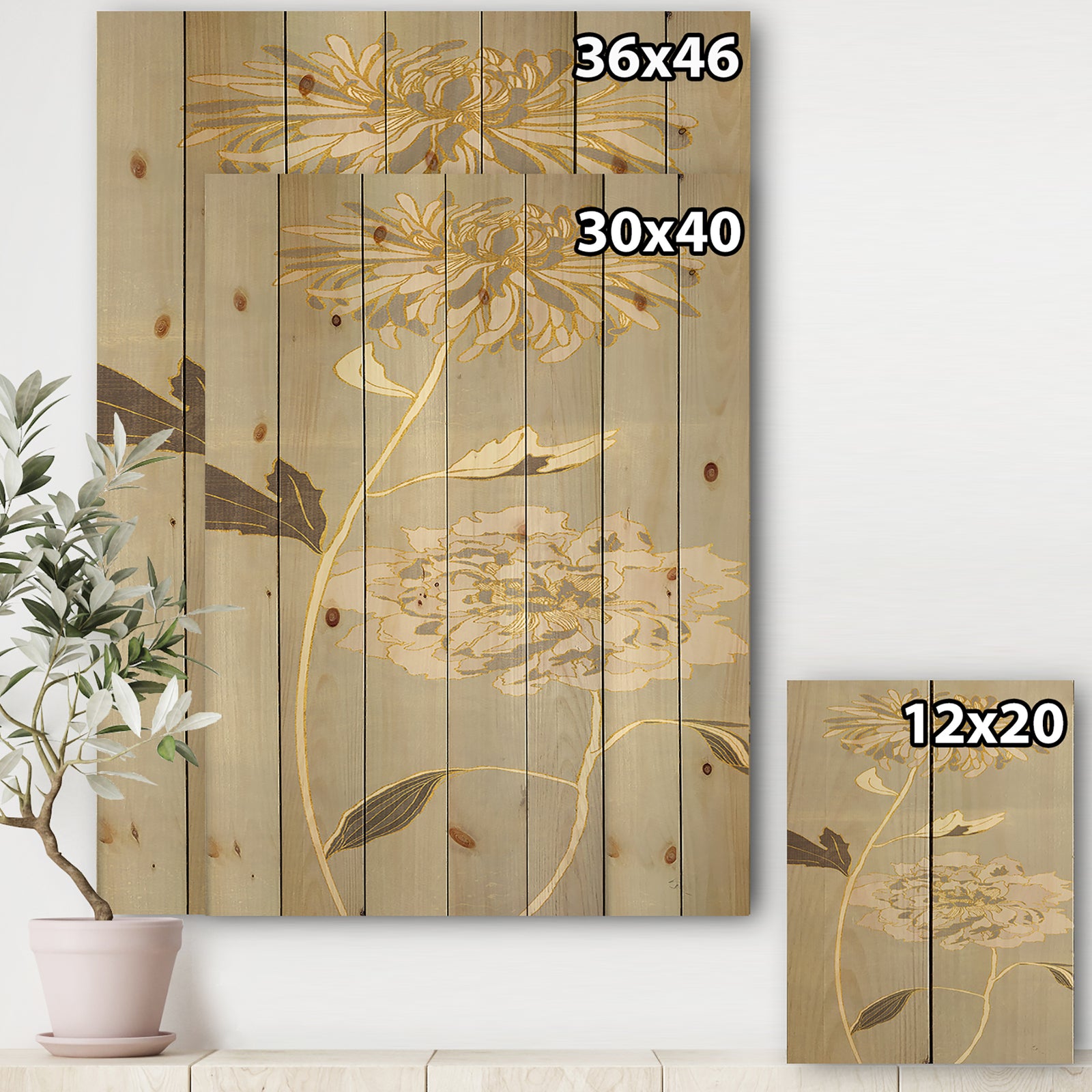 Gold Metallic Floral Garden II - Modern Glam Print on Natural Pine Wood