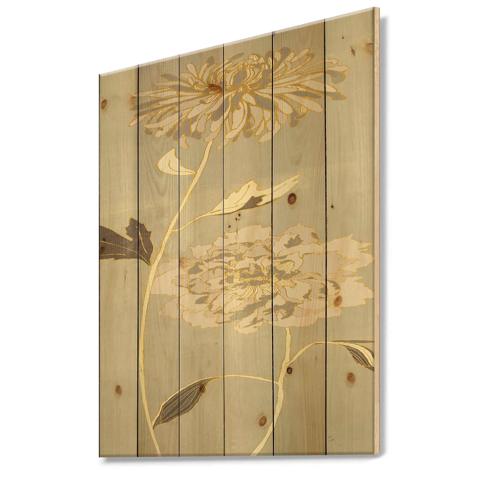 Gold Metallic Floral Garden II - Modern Glam Print on Natural Pine Wood