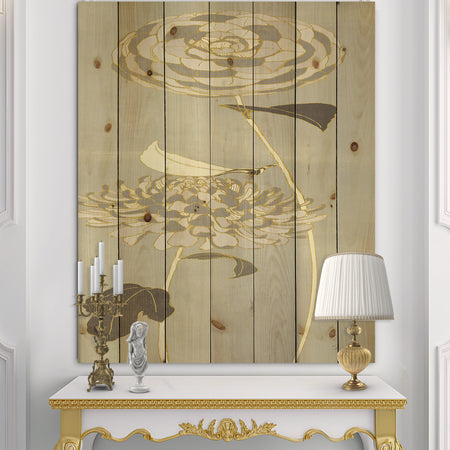 Gold Metallic Floral Garden III - Modern Glam Print on Natural Pine Wood