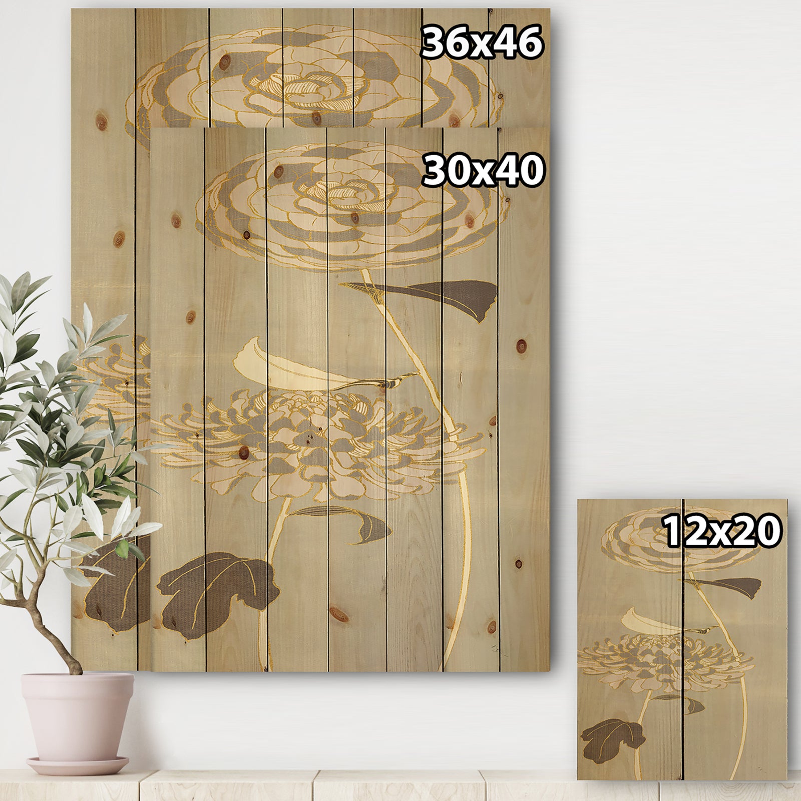 Gold Metallic Floral Garden III - Modern Glam Print on Natural Pine Wood