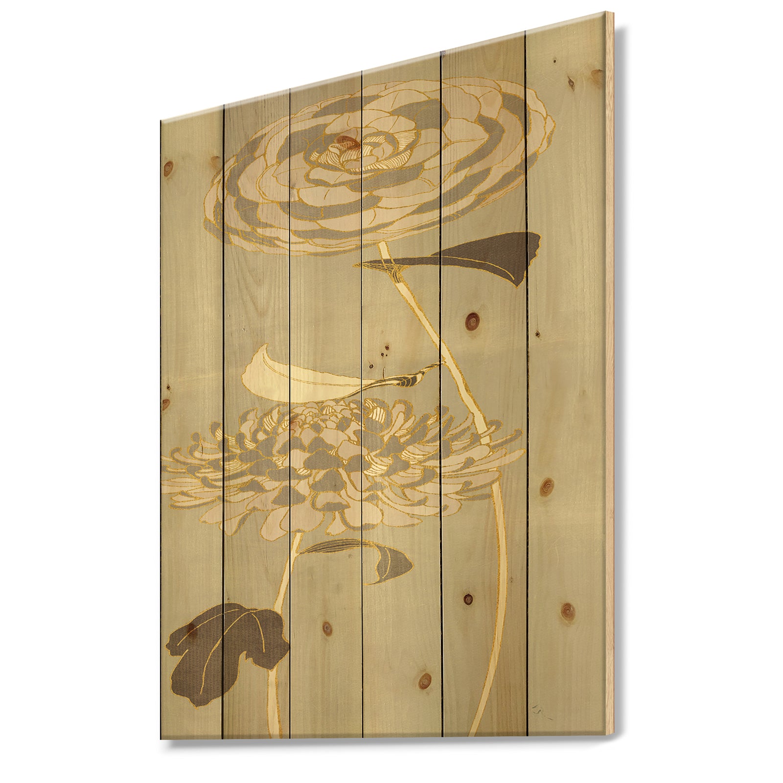 Gold Metallic Floral Garden III - Modern Glam Print on Natural Pine Wood