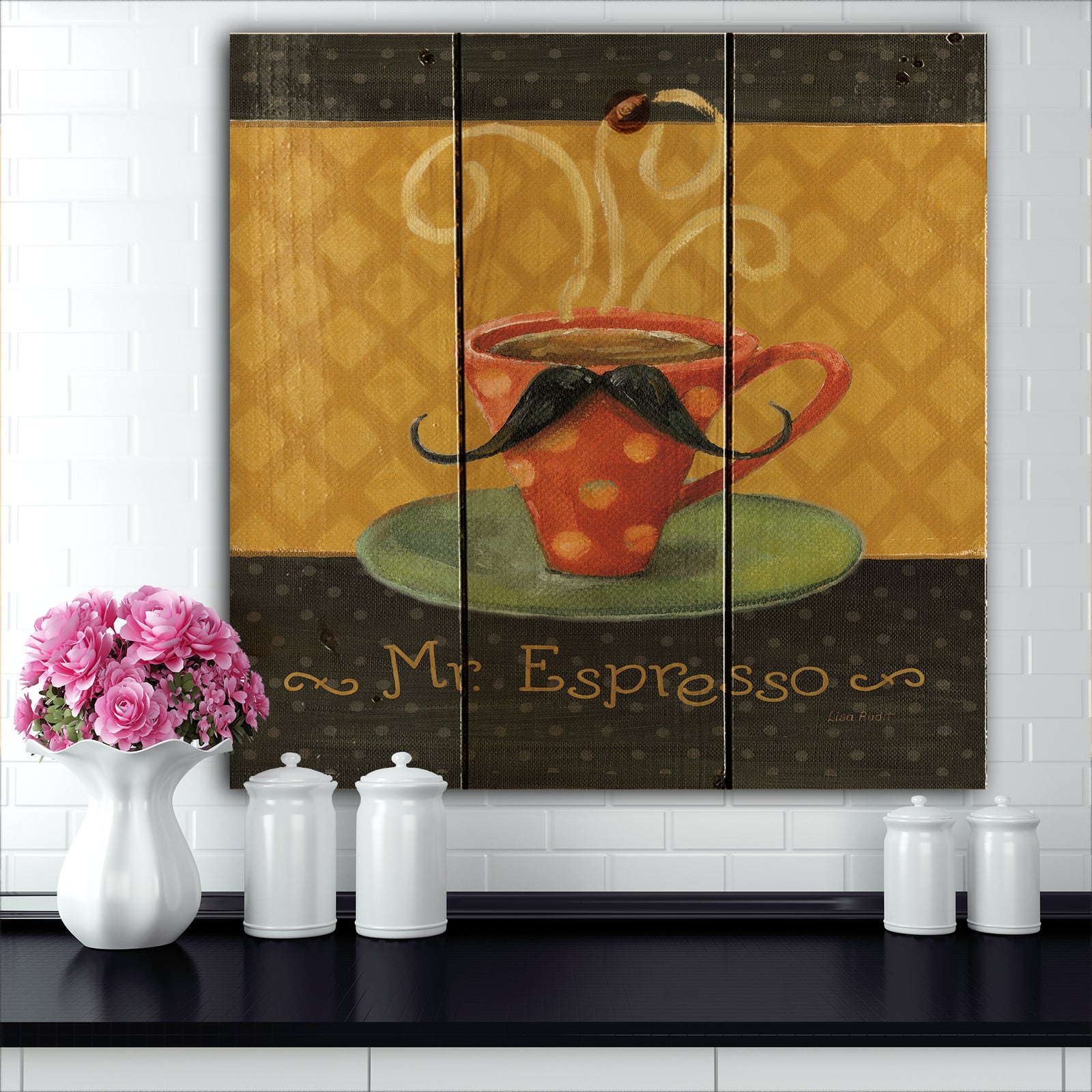Kitchen Cafe Moustache III - Kitchen Print on Natural Pine Wood