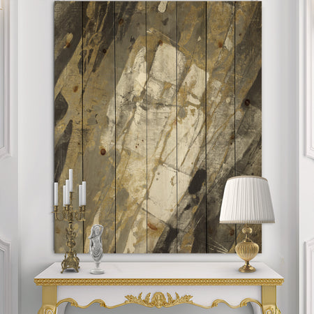 Gold, Black and White Hanpainted Abstract - Traditional Print on Natural Pine Wood