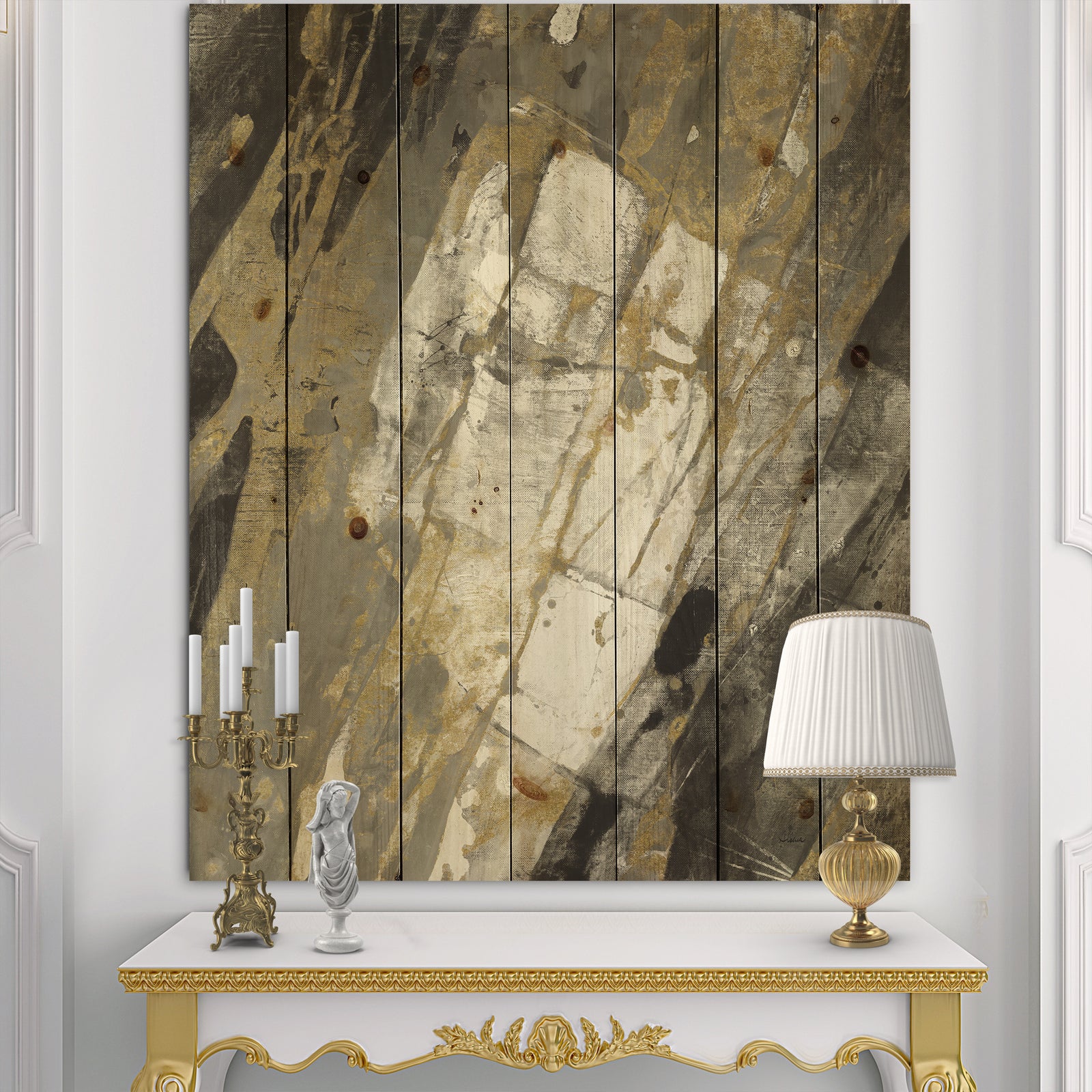 Gold, Black and White Hanpainted Abstract - Traditional Print on Natural Pine Wood