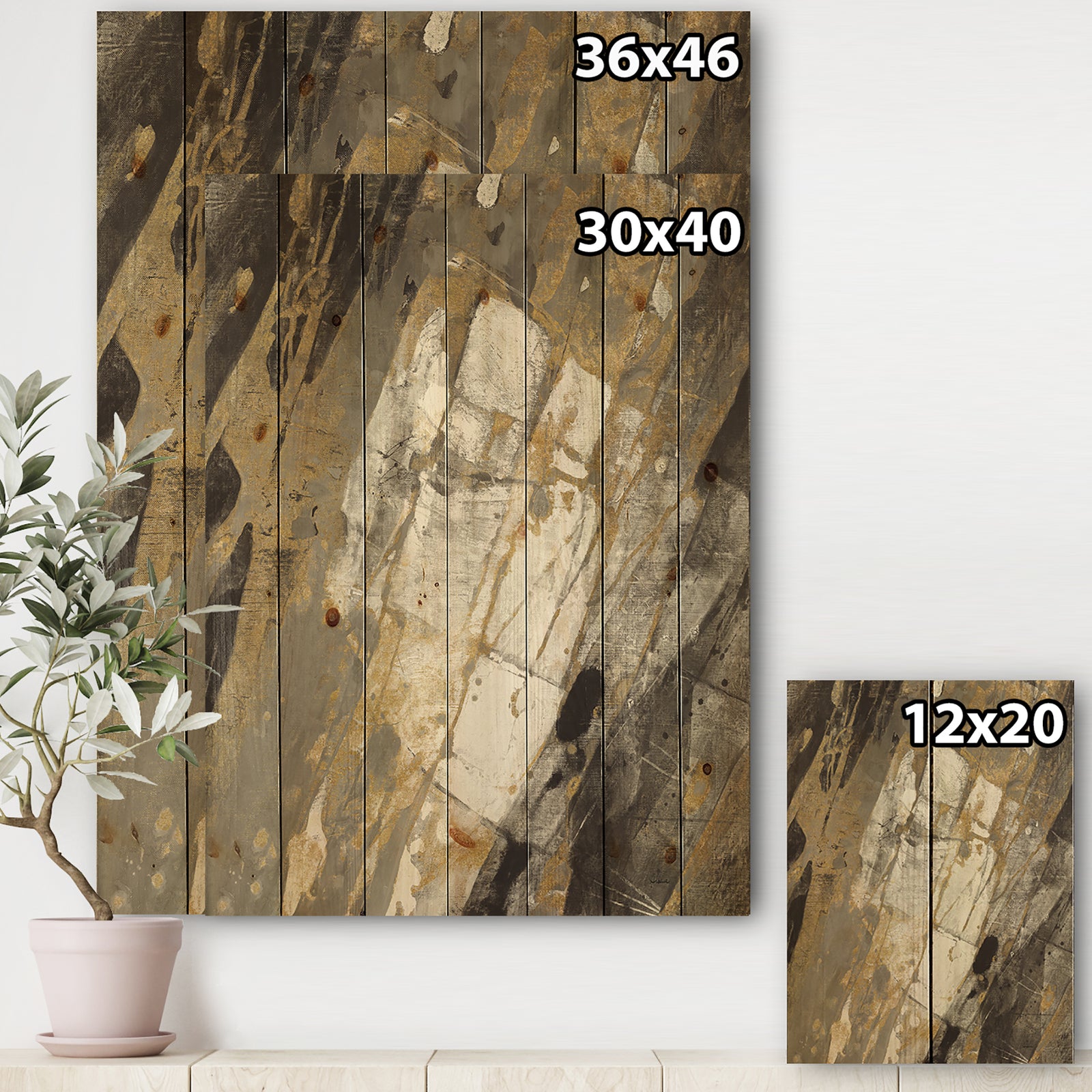 Gold, Black and White Hanpainted Abstract - Traditional Print on Natural Pine Wood