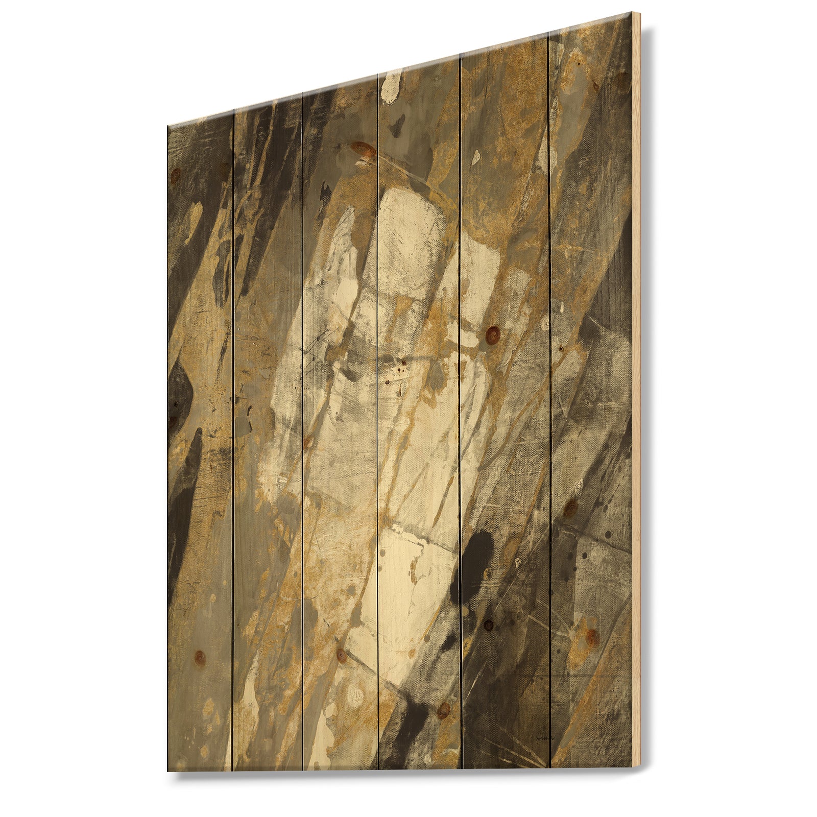 Gold, Black and White Hanpainted Abstract - Traditional Print on Natural Pine Wood