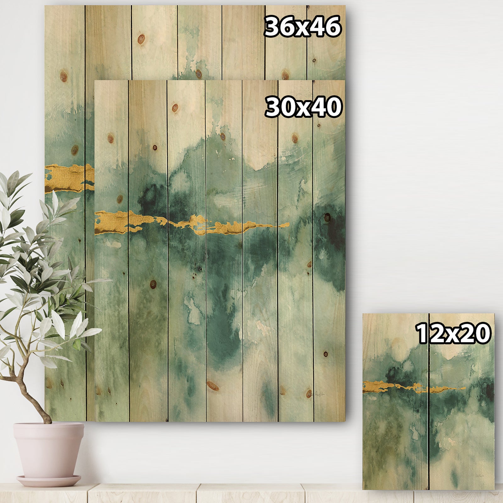 Blue Watercolor Impression with Gold - Traditional Print on Natural Pine Wood