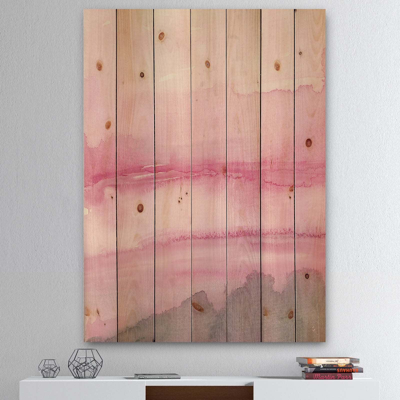 Pink Abstract Watercolor - Shabby Chic Print on Natural Pine Wood