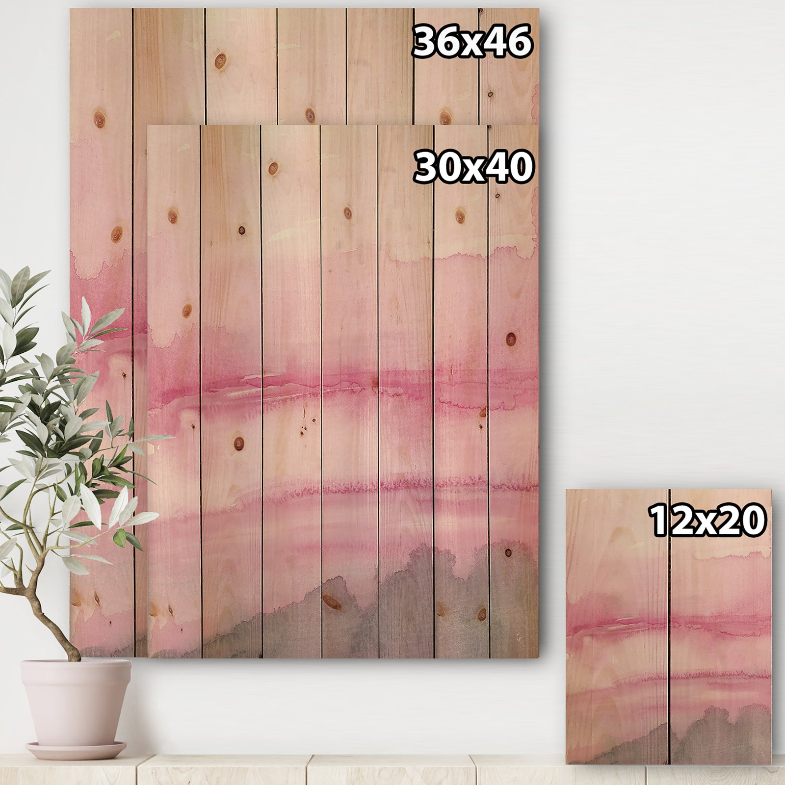 Pink Abstract Watercolor - Shabby Chic Print on Natural Pine Wood