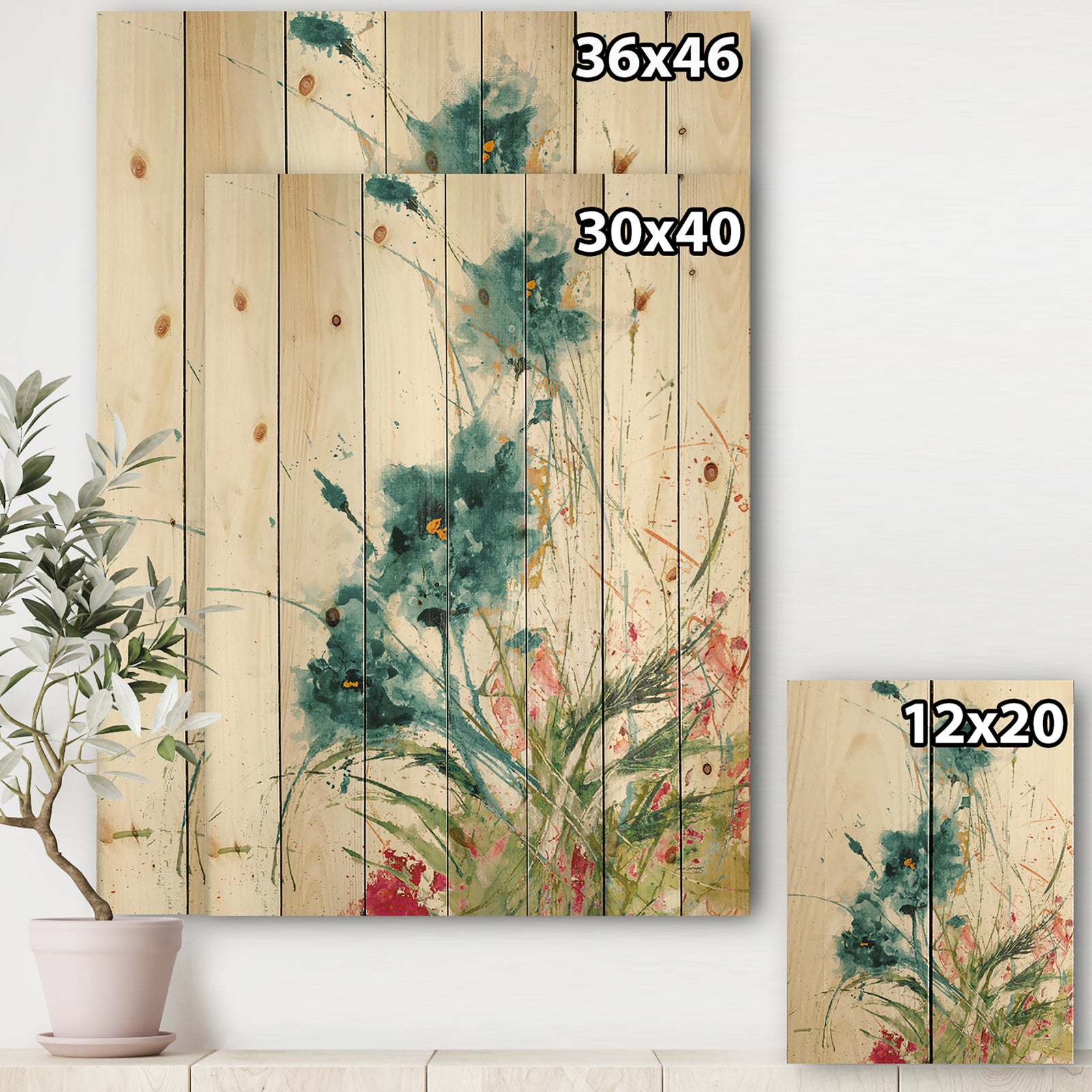 Wild Blue Abstract Farmhouse Flowers - Modern Farmhouse Print on Natural Pine Wood