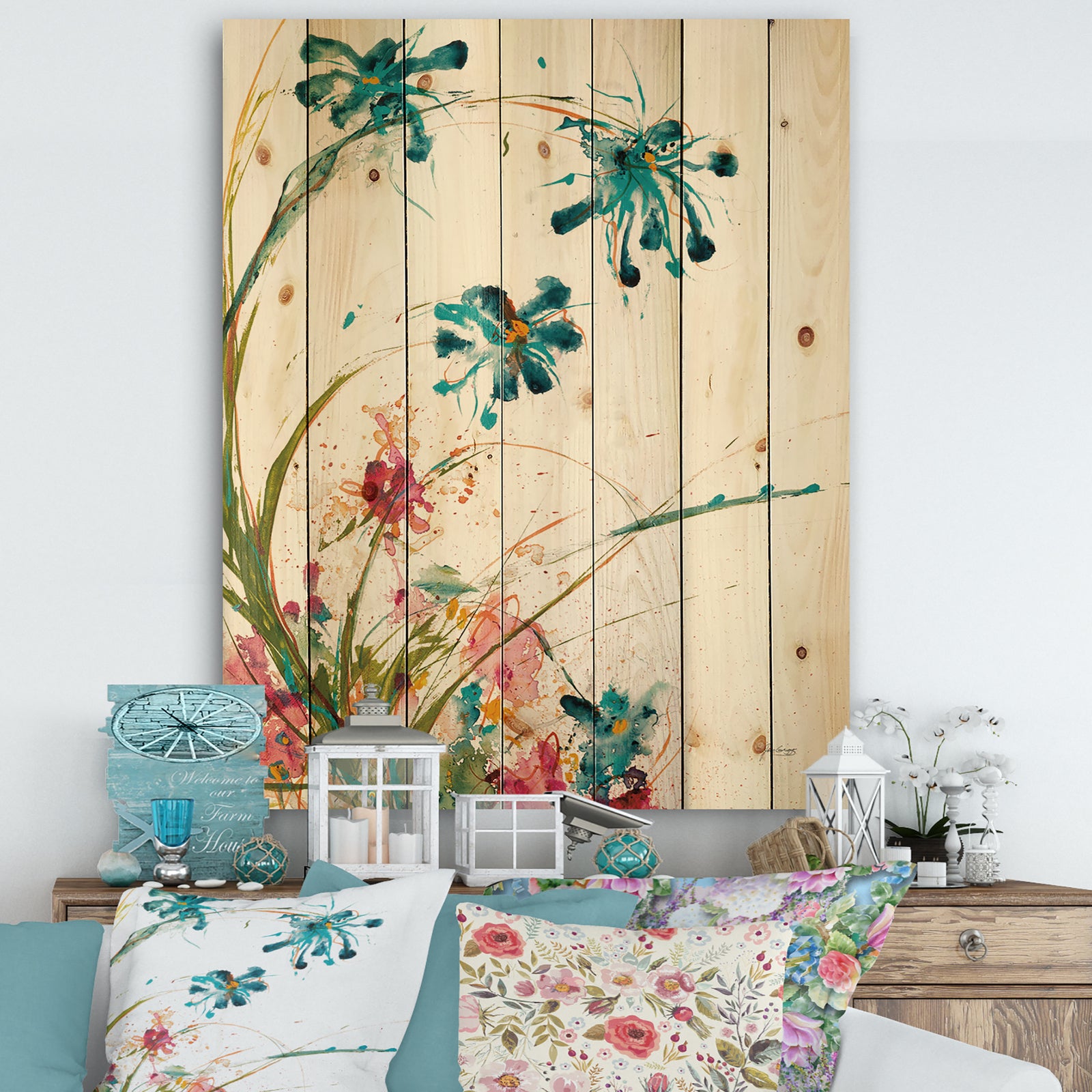 Blue Abstract Blossoming Farmhouse Flowers - Modern Farmhouse Print on Natural Pine Wood