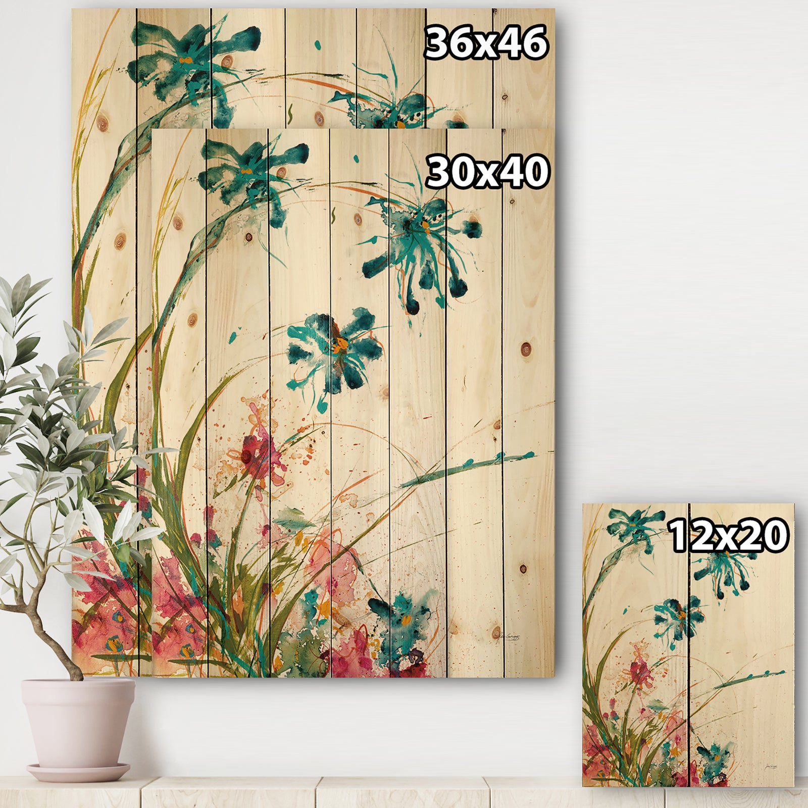 Blue Abstract Blossoming Farmhouse Flowers - Modern Farmhouse Print on Natural Pine Wood
