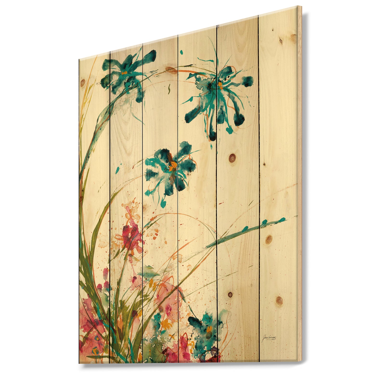 Blue Abstract Blossoming Farmhouse Flowers - Modern Farmhouse Print on Natural Pine Wood