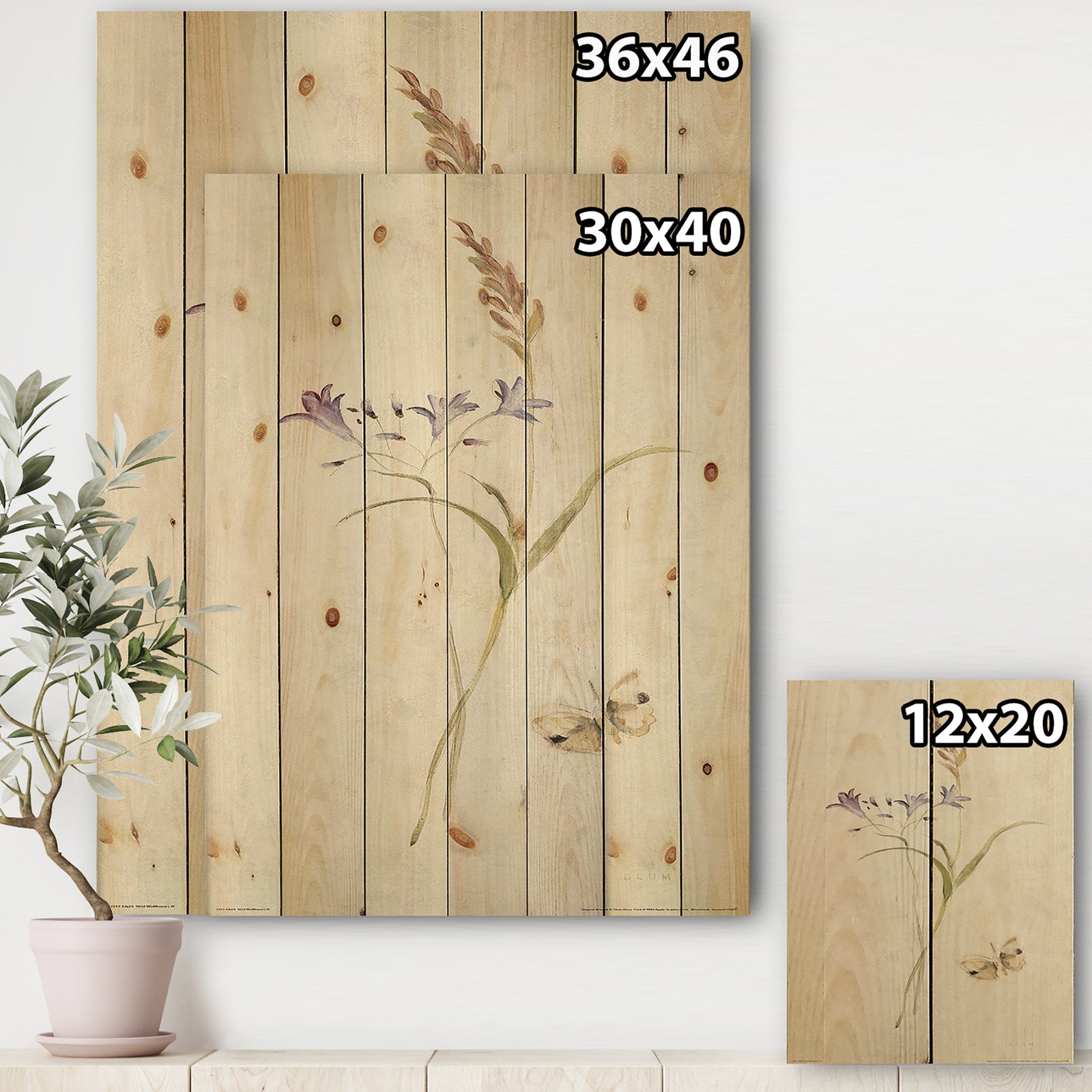 Wild Simple Wallflowers I - Farmhouse Print on Natural Pine Wood