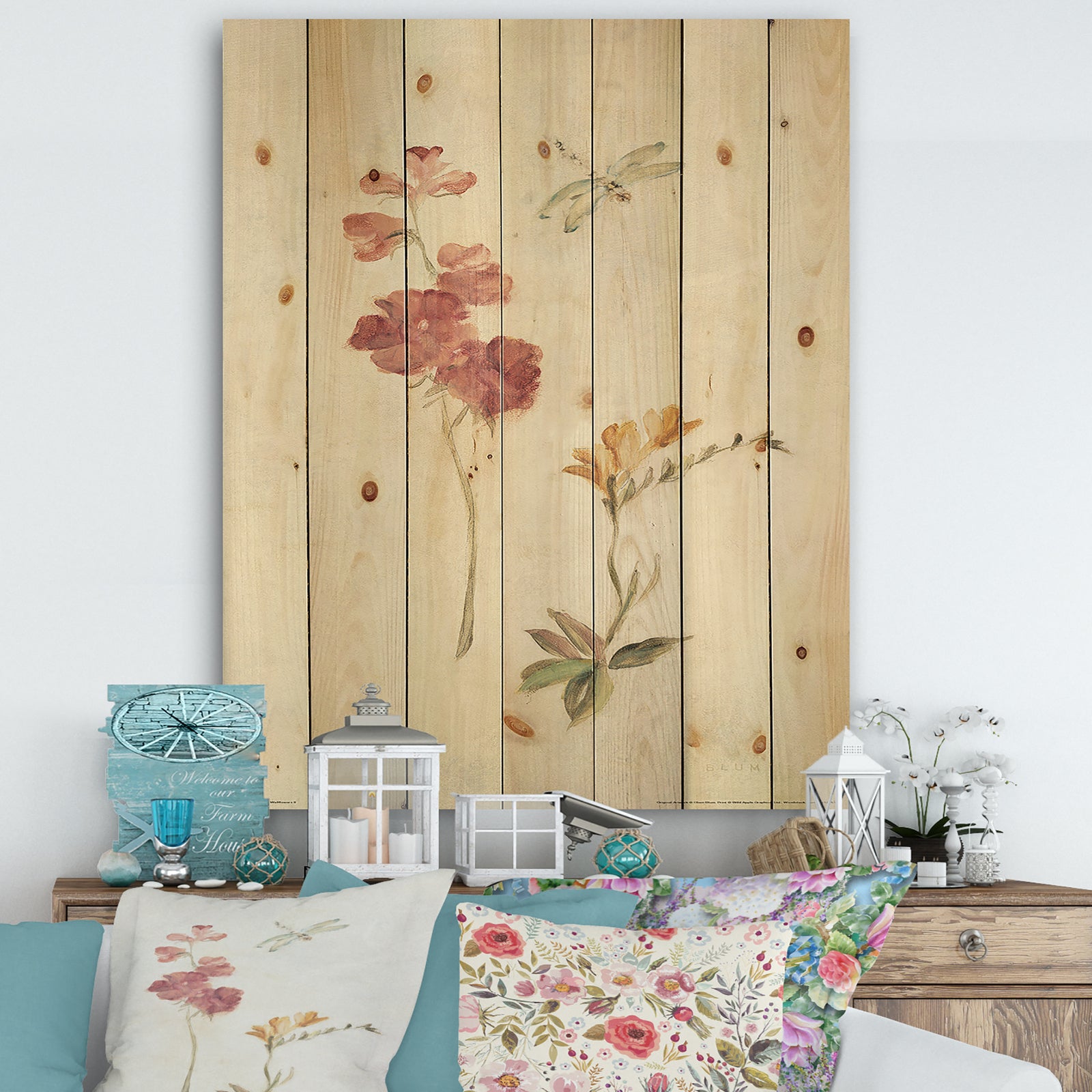 Wild Simple Wallflowers II - Farmhouse Print on Natural Pine Wood