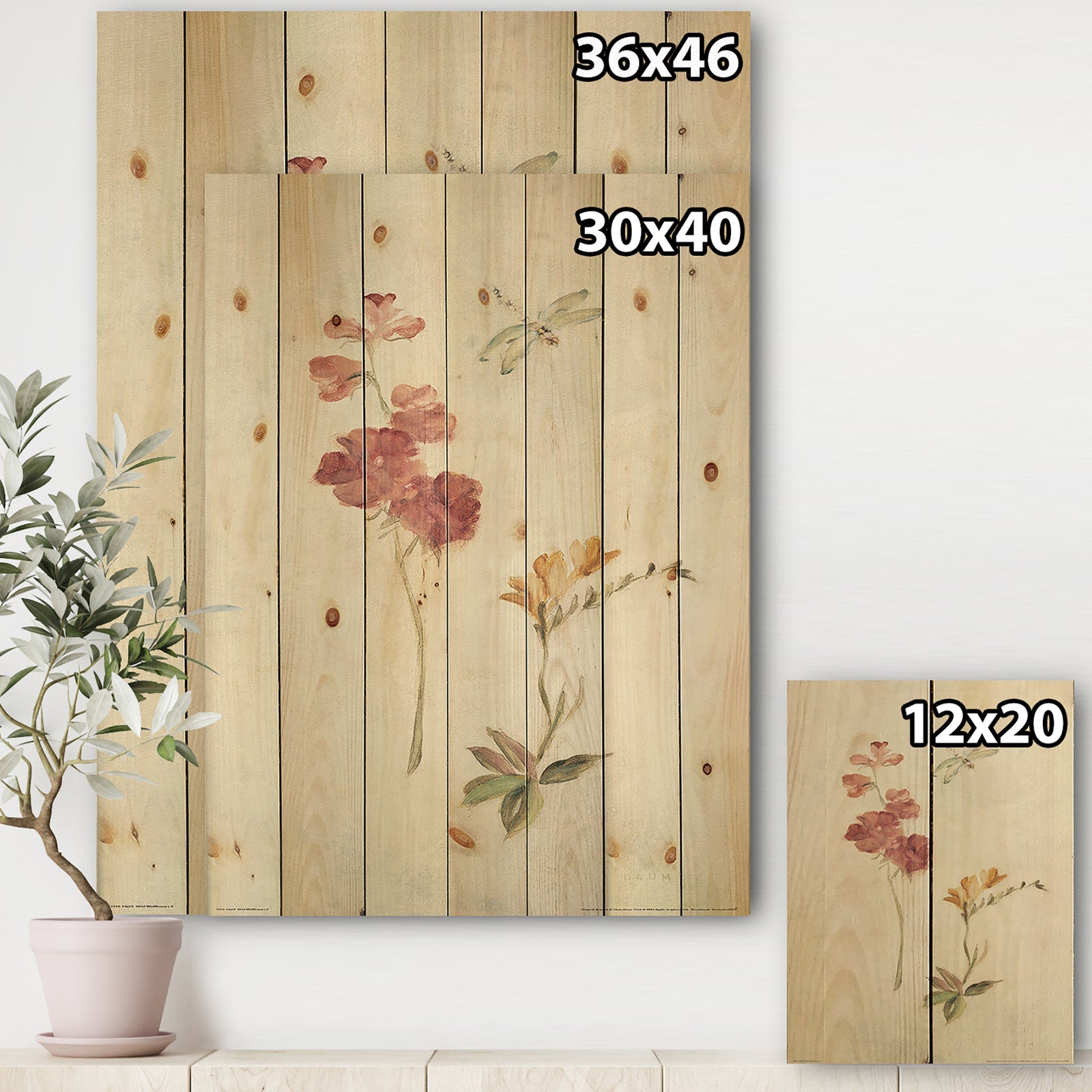 Wild Simple Wallflowers II - Farmhouse Print on Natural Pine Wood