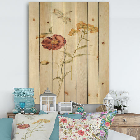 Wild Simple Wallflowers III - Farmhouse Print on Natural Pine Wood