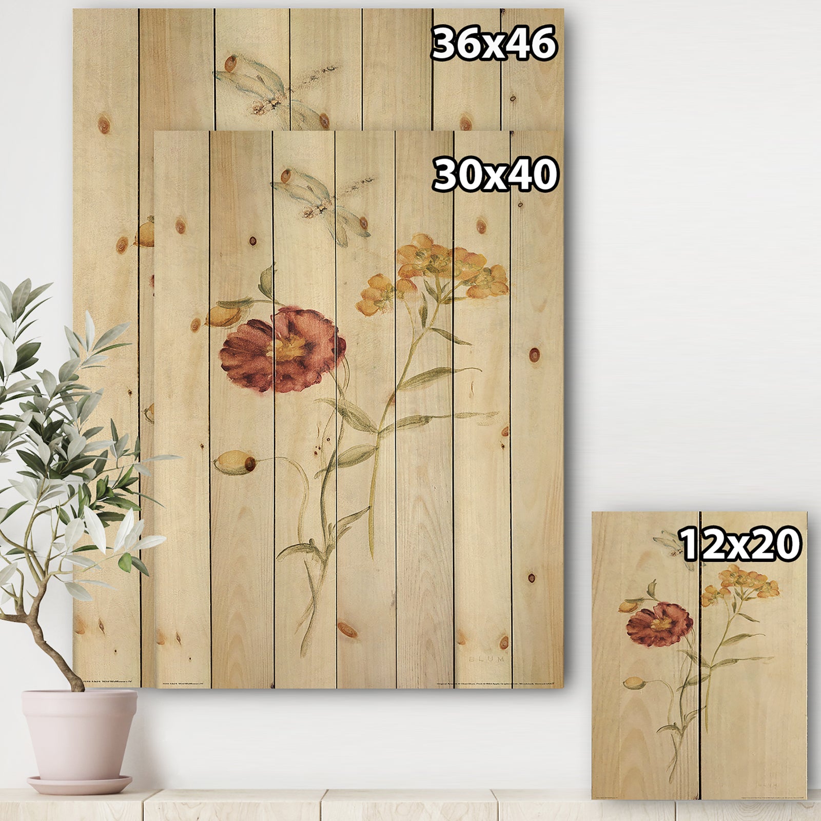 Wild Simple Wallflowers III - Farmhouse Print on Natural Pine Wood