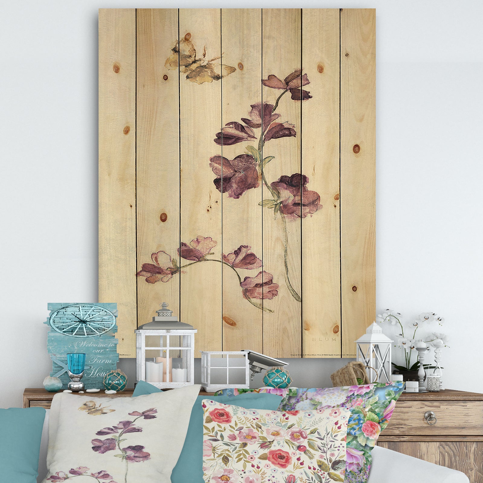 Wild Simple Wallflowers IV - Farmhouse Print on Natural Pine Wood