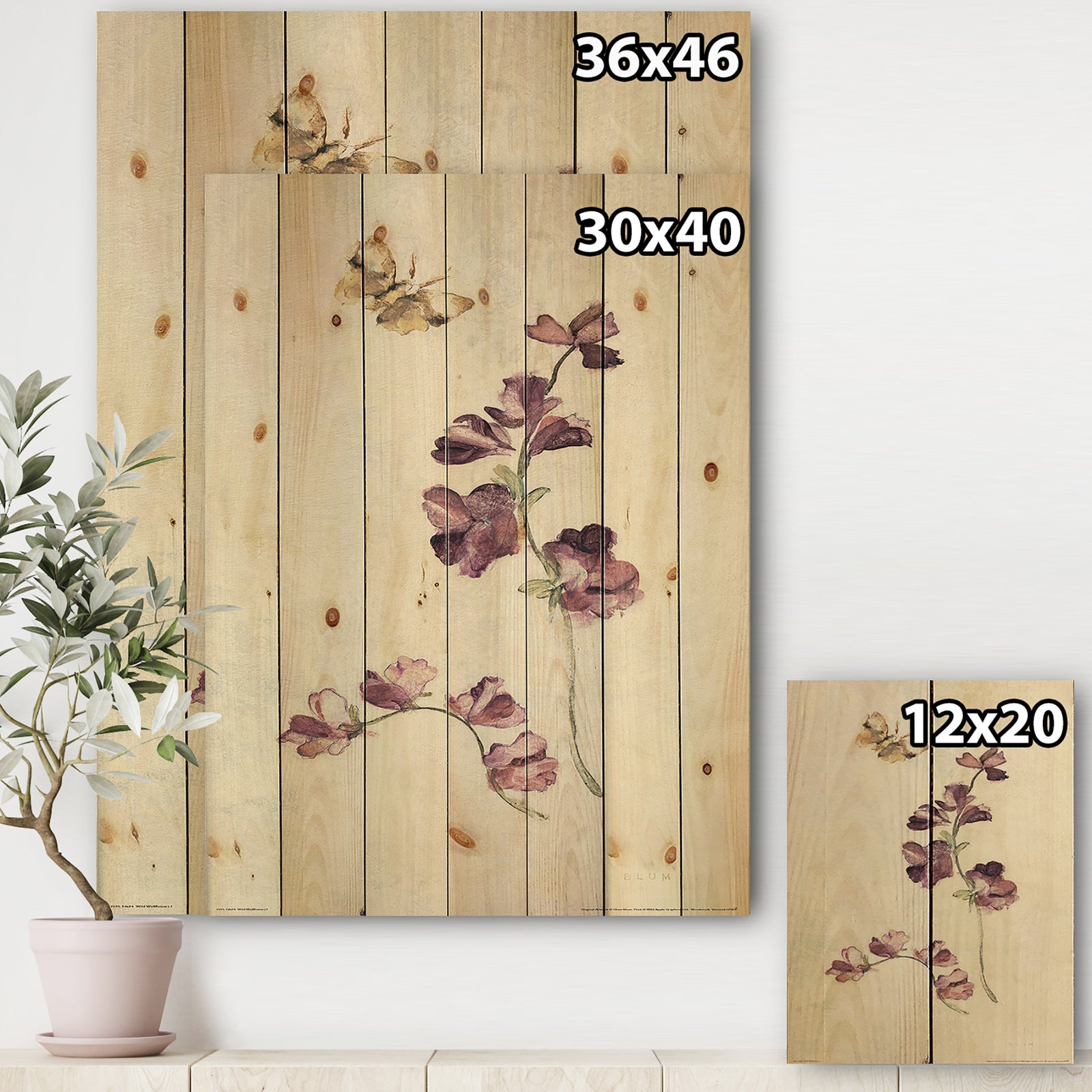 Wild Simple Wallflowers IV - Farmhouse Print on Natural Pine Wood