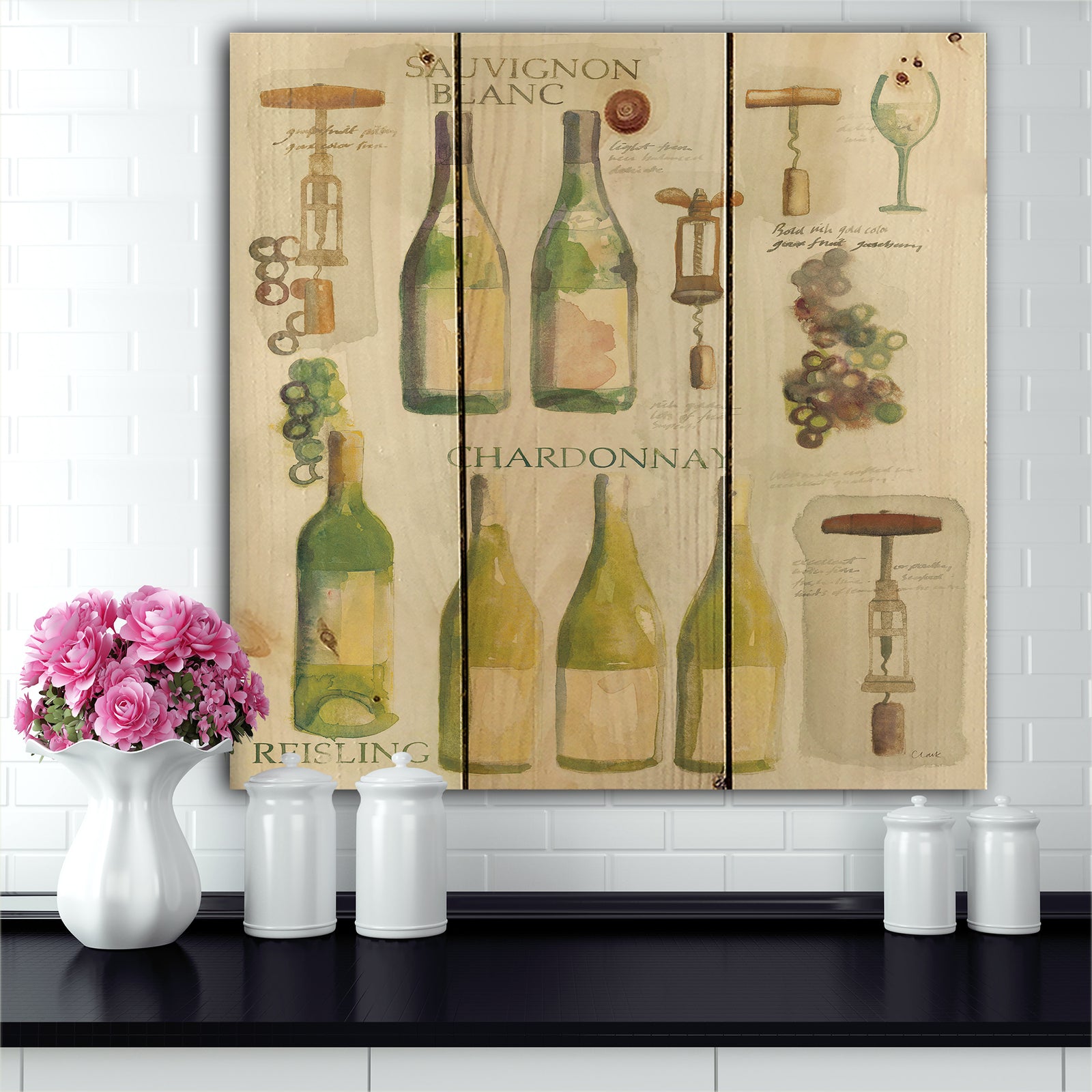 White Chardonnay Wine Collage - Food and Beverage Print on Natural Pine Wood