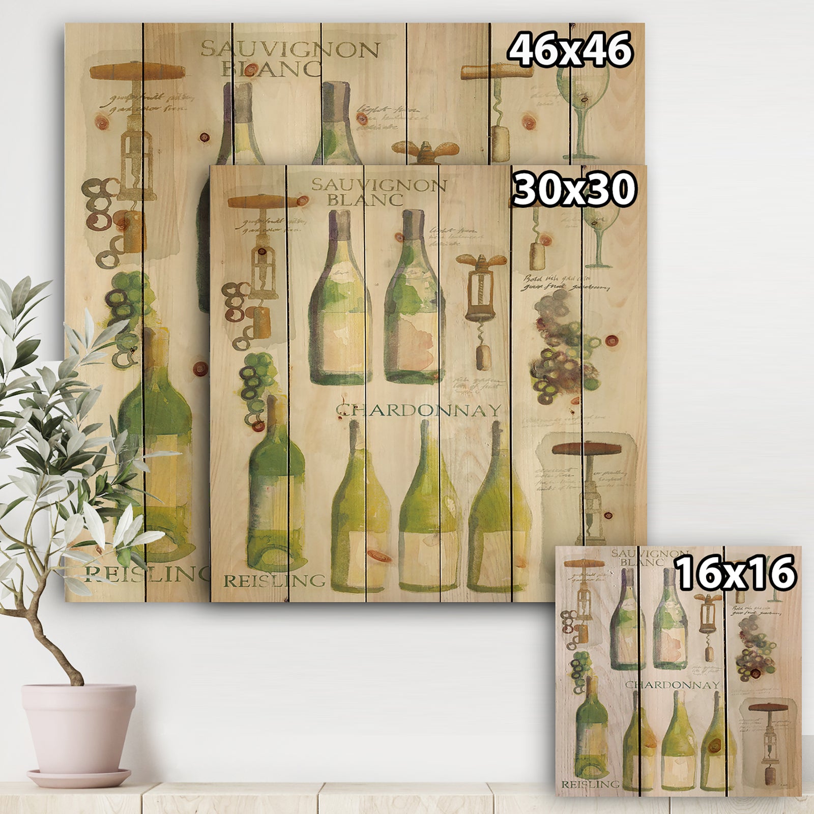White Chardonnay Wine Collage - Food and Beverage Print on Natural Pine Wood