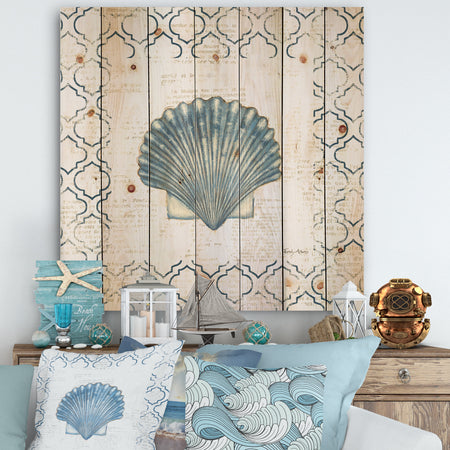 Navy Blue Scallop Shell - Nautical & Coastal Print on Natural Pine Wood