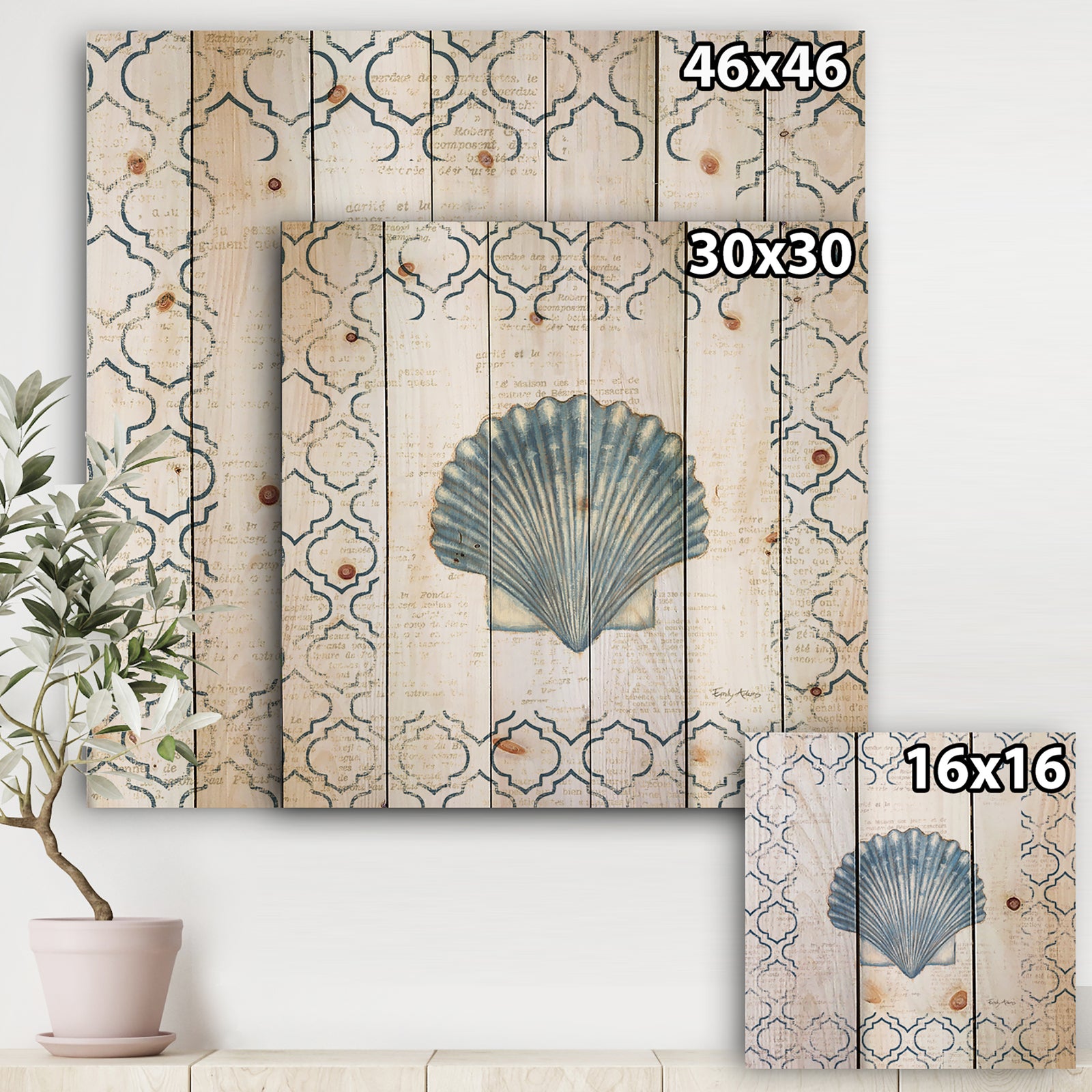 Navy Blue Scallop Shell - Nautical & Coastal Print on Natural Pine Wood