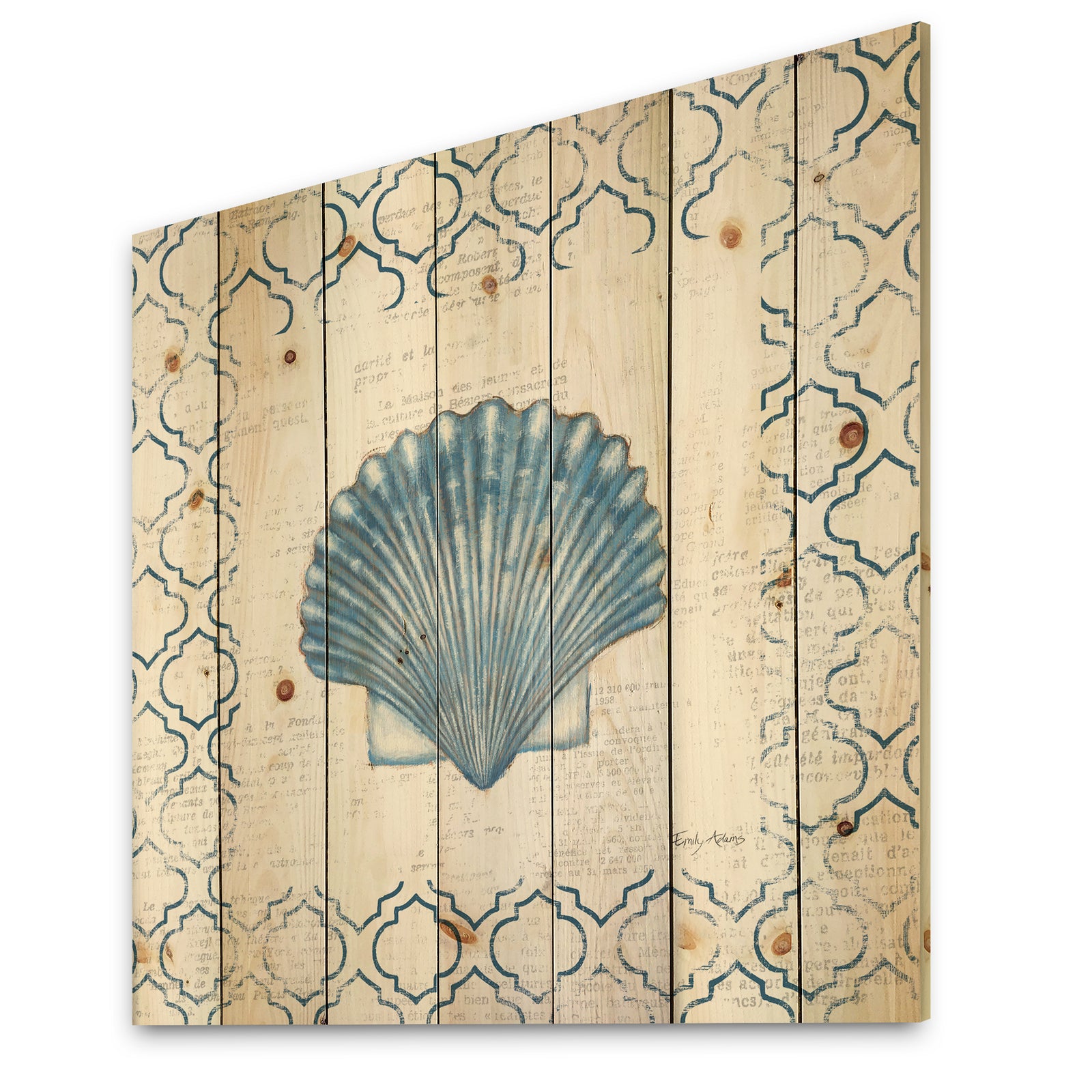 Navy Blue Scallop Shell - Nautical & Coastal Print on Natural Pine Wood