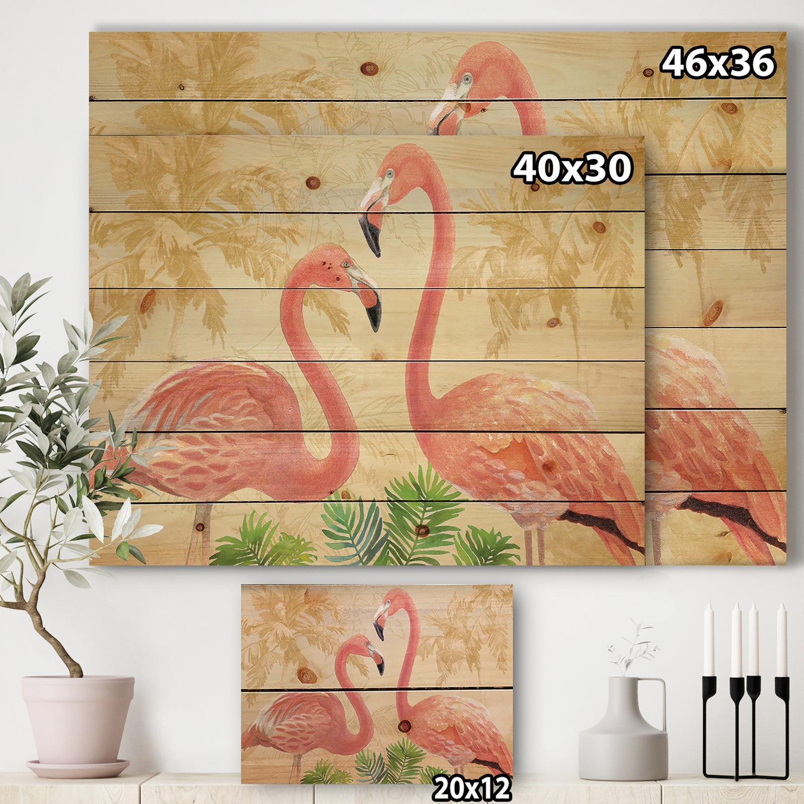 Gold Glam Flamingos - Animals Print on Natural Pine Wood