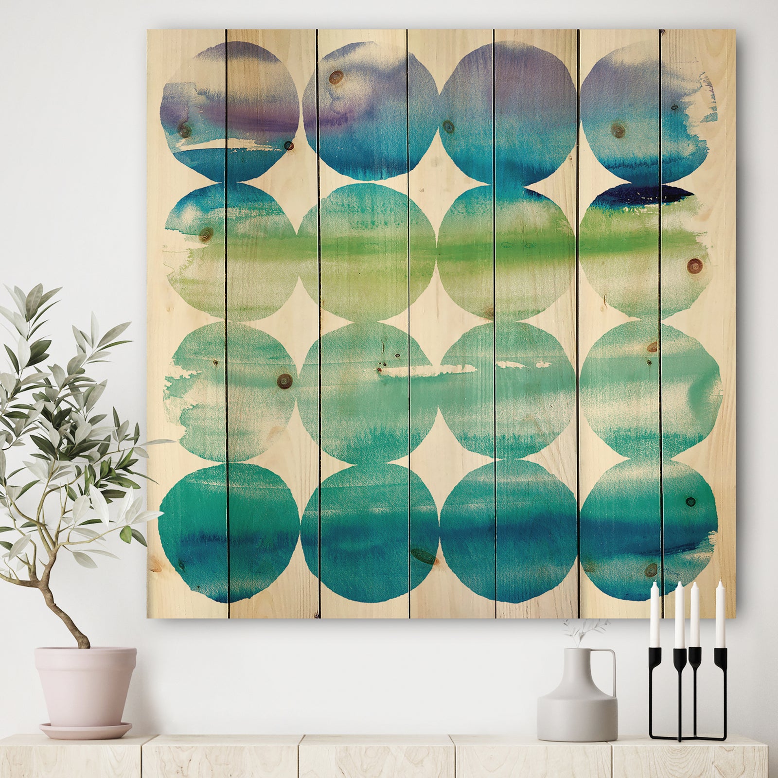 Circle Abstract Blue Colorfields I - Modern & Transitional Print on Natural Pine Wood