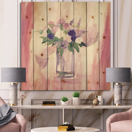 Pink Flower Still Life - Shabby Chic Print on Natural Pine Wood