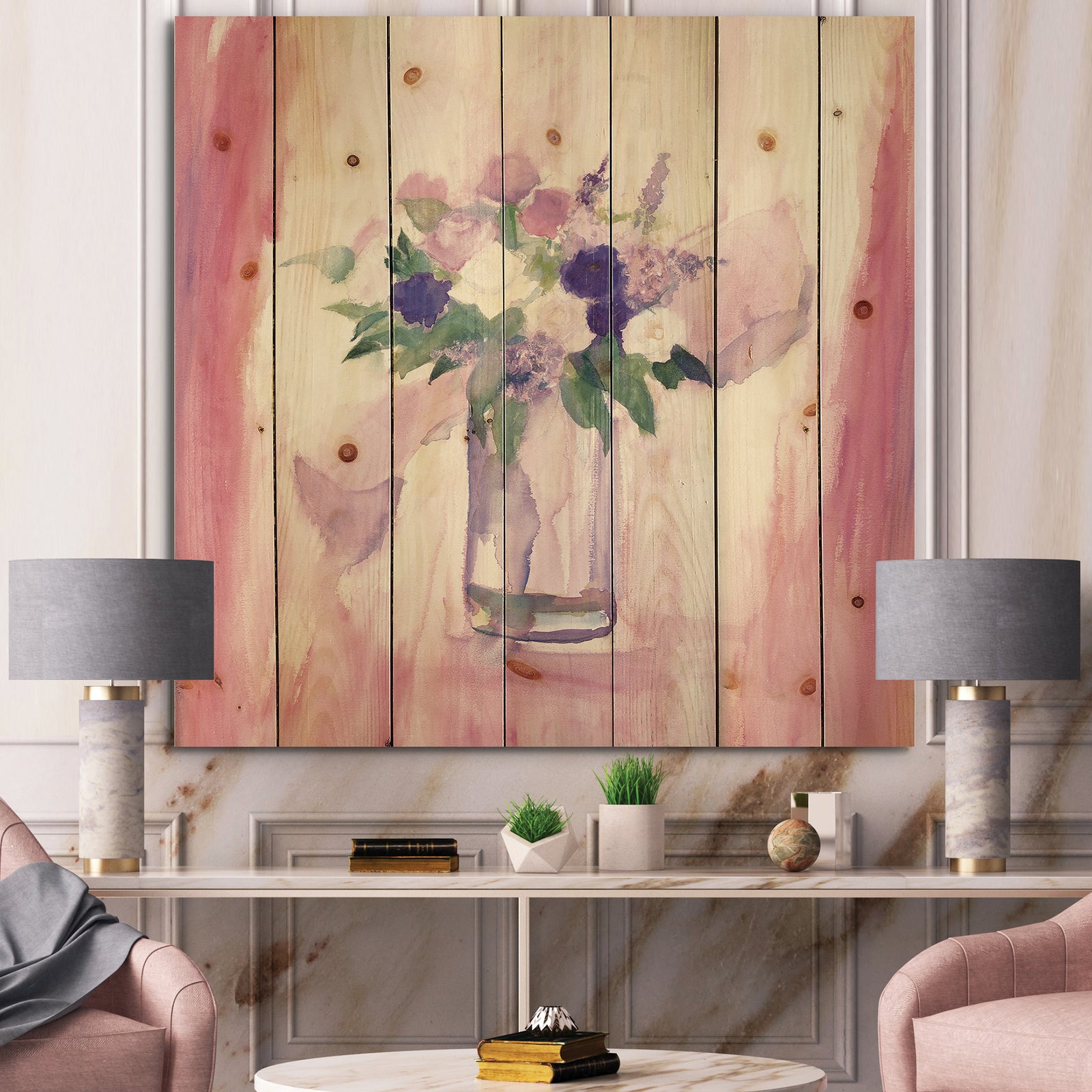 Pink Flower Still Life - Shabby Chic Print on Natural Pine Wood