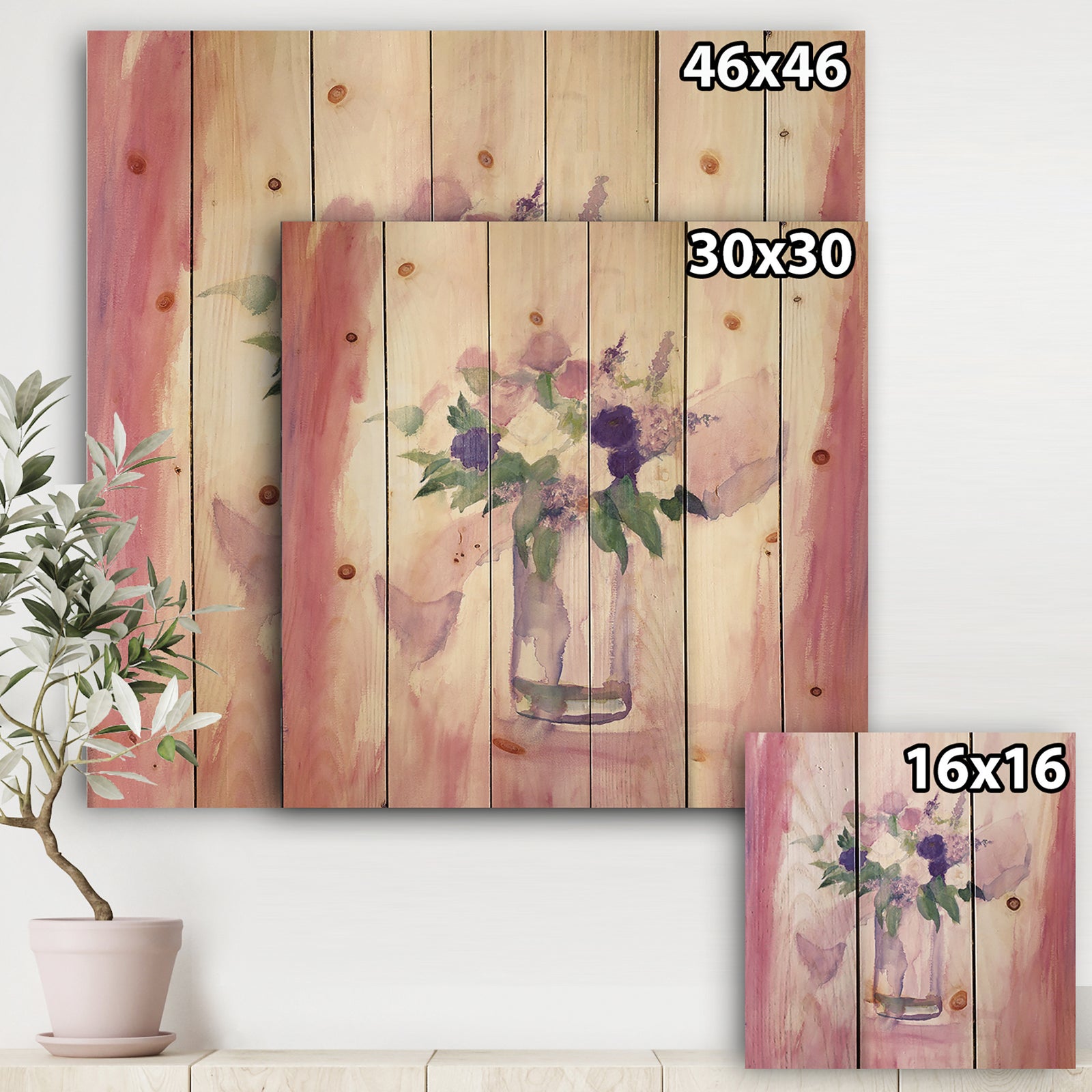 Pink Flower Still Life - Shabby Chic Print on Natural Pine Wood