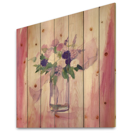 Pink Flower Still Life - Shabby Chic Print on Natural Pine Wood
