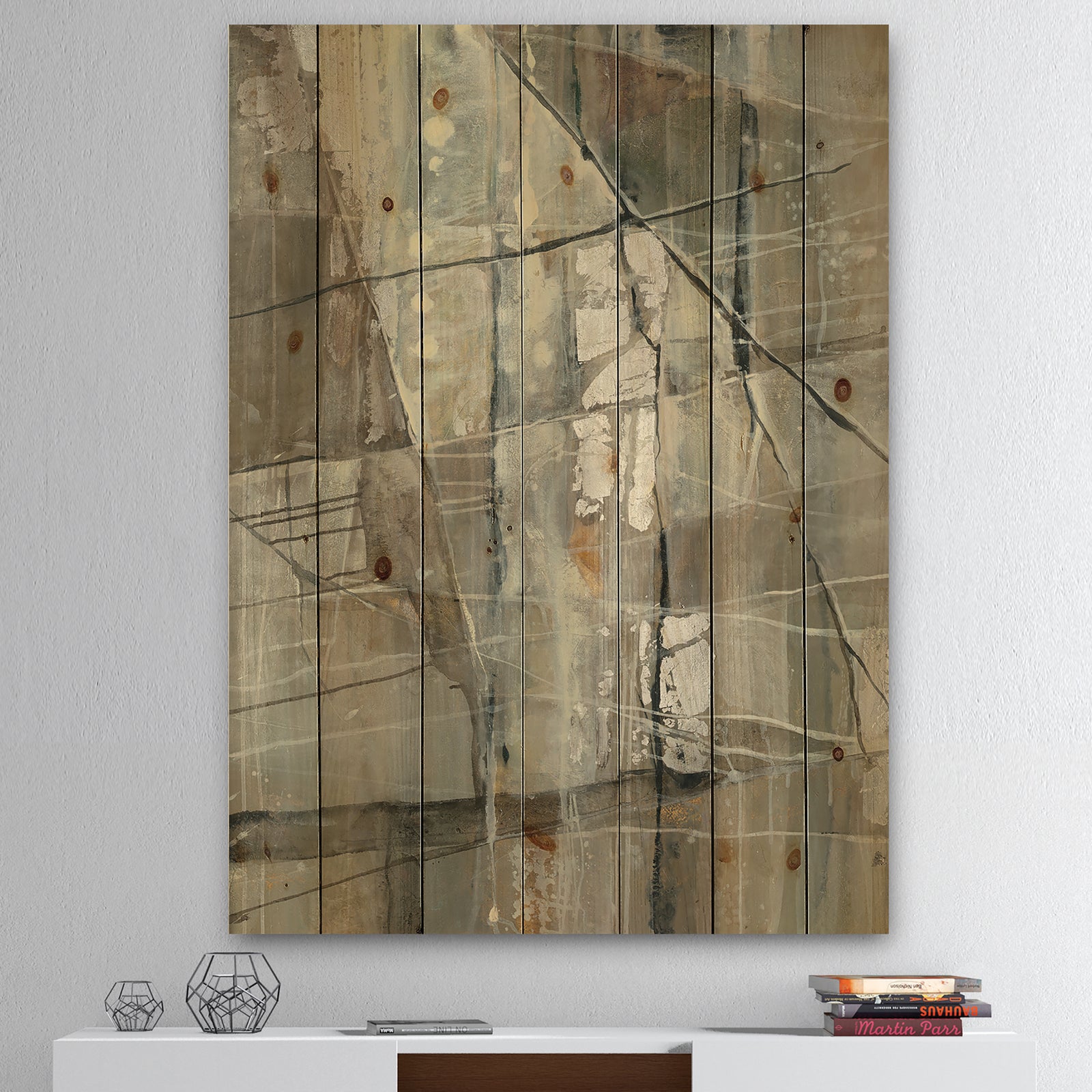 Silver and Beige Abstract Waterpainting - Contemporary Print on Natural Pine Wood