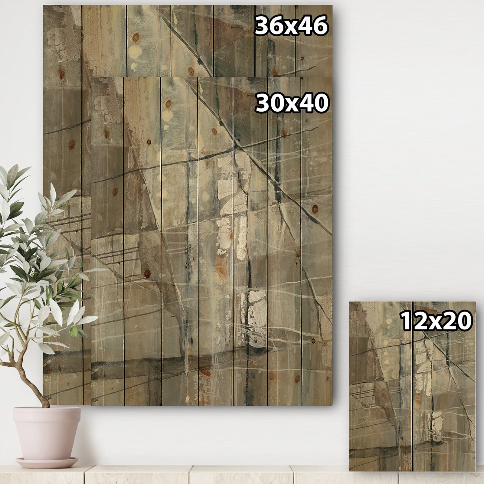 Silver and Beige Abstract Waterpainting - Contemporary Print on Natural Pine Wood