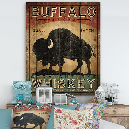 Vintage Buffalo Whiskey - Wildlife Print on Natural Pine Wood