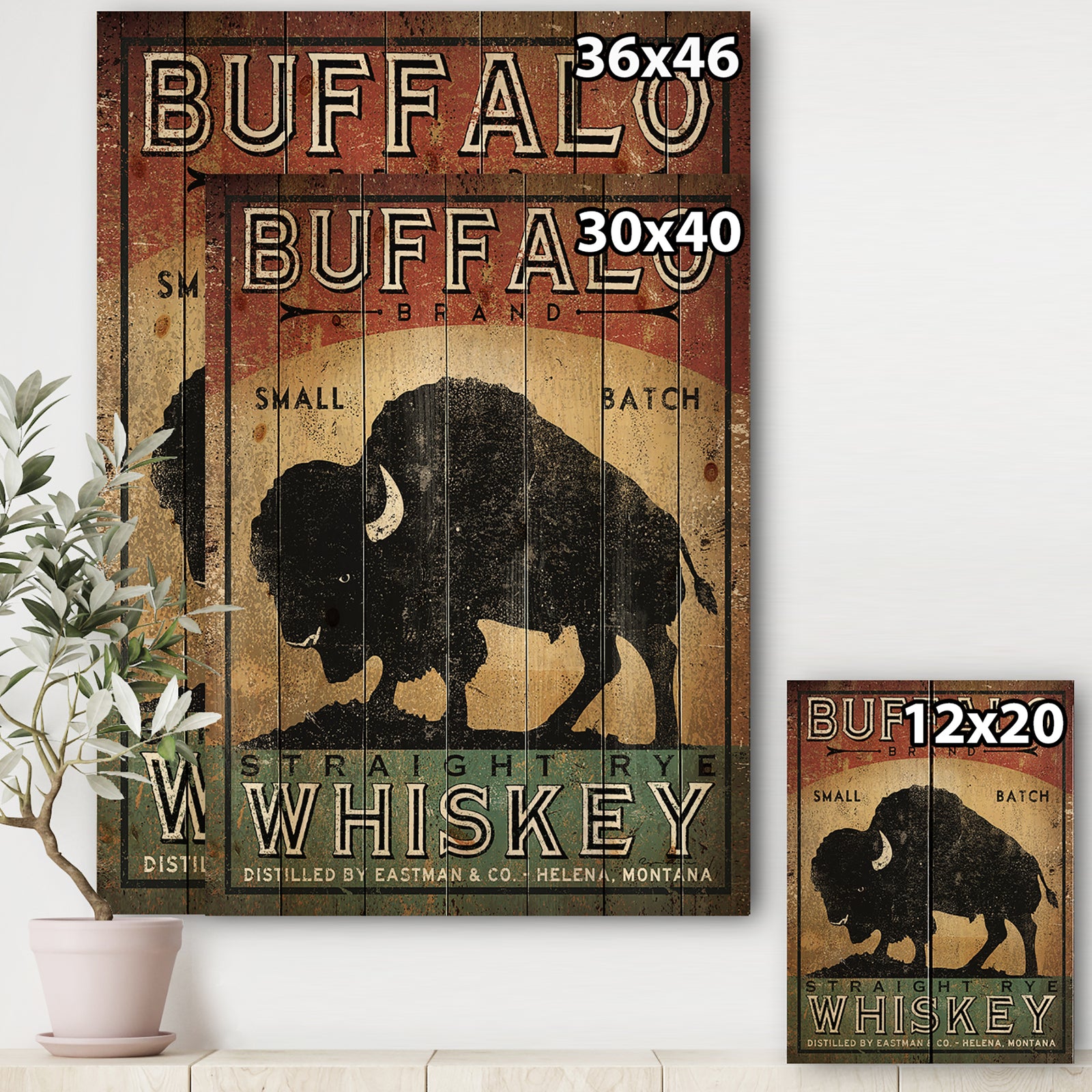 Vintage Buffalo Whiskey - Wildlife Print on Natural Pine Wood
