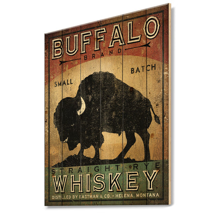 Vintage Buffalo Whiskey - Wildlife Print on Natural Pine Wood