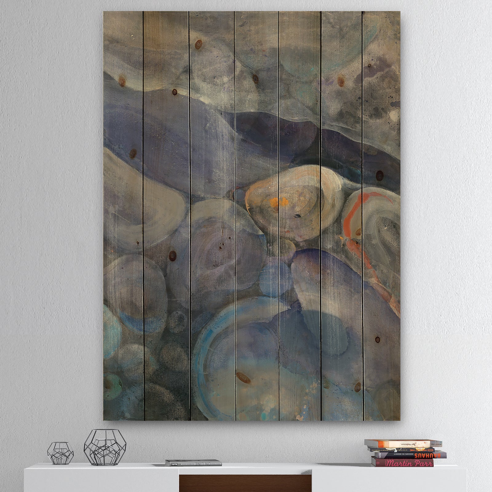 Into the Indigo Stream II - Abstract Print on Natural Pine Wood