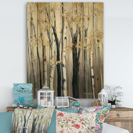 Golden Birch Forest III - Farmhouse Print on Natural Pine Wood