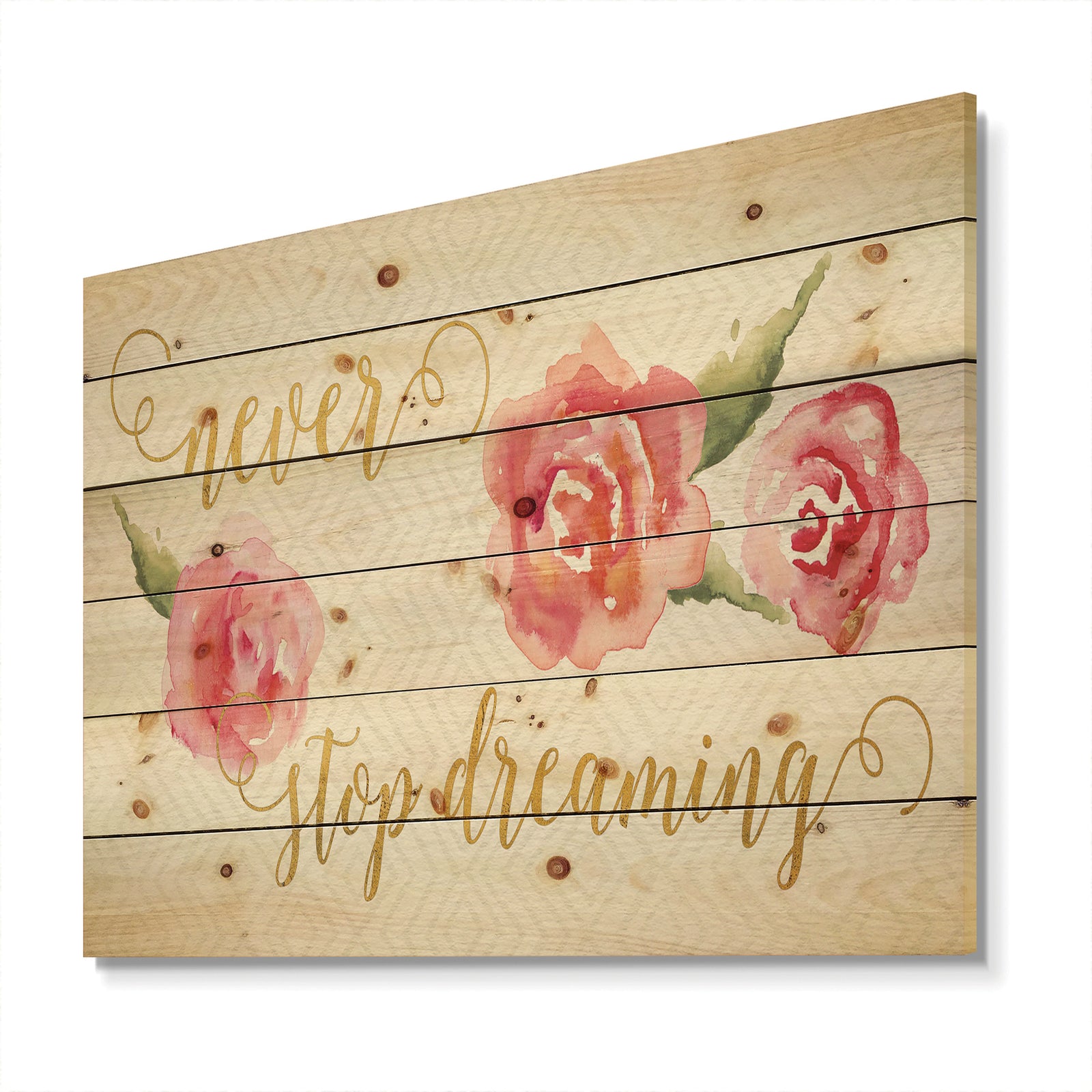Never Stop Dreaming Gold - Shabby Chic Print on Natural Pine Wood