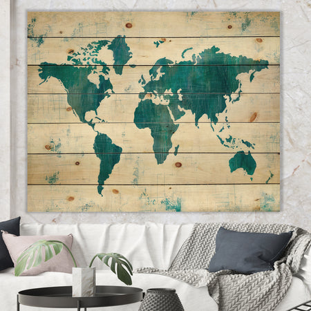 Discover the World Map in Blue - Traditional Print on Natural Pine Wood