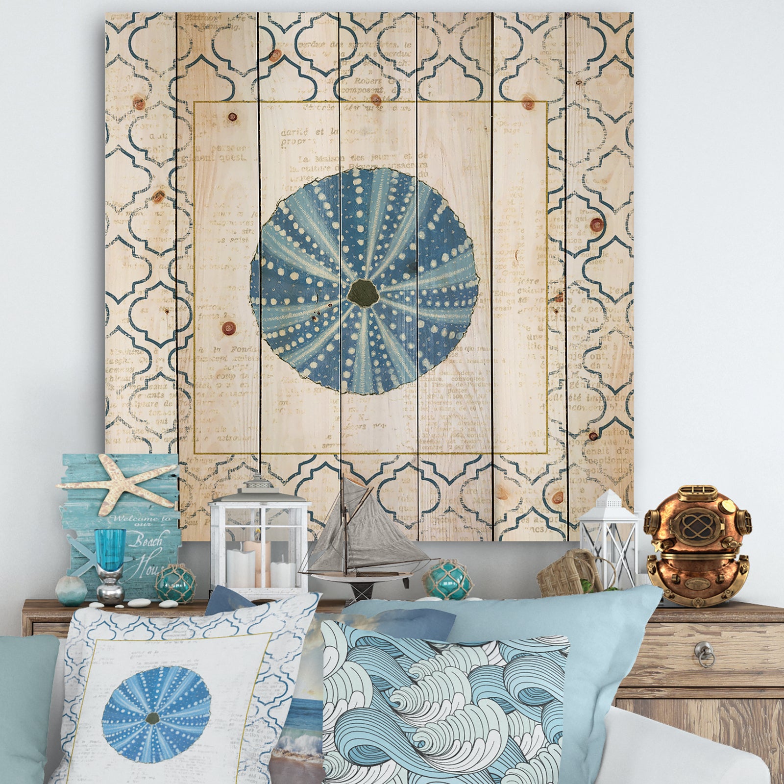 Blue Conch Shell On Blue Coastal Pattern - Nautical & Coastal Print on Natural Pine Wood
