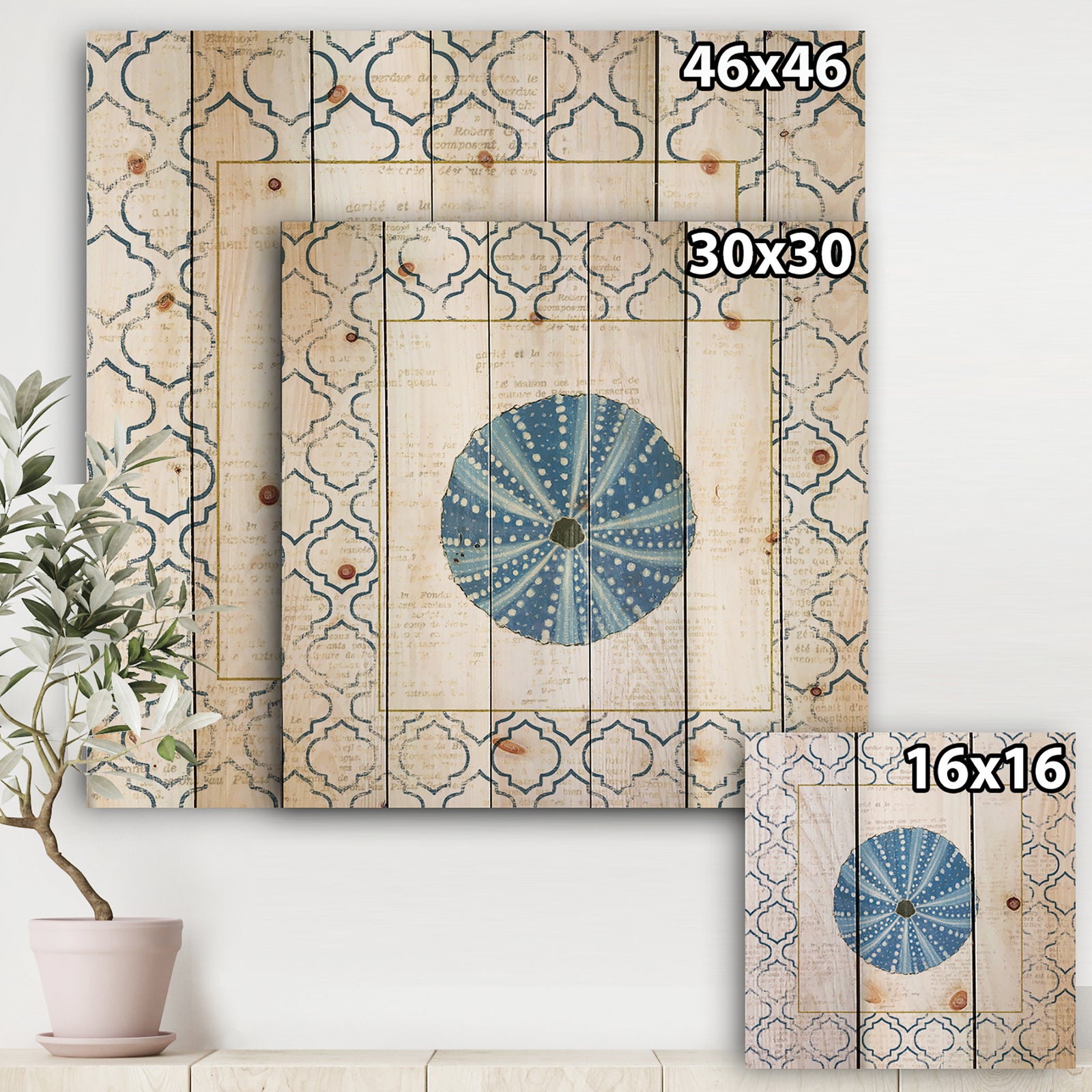 Blue Conch Shell On Blue Coastal Pattern - Nautical & Coastal Print on Natural Pine Wood