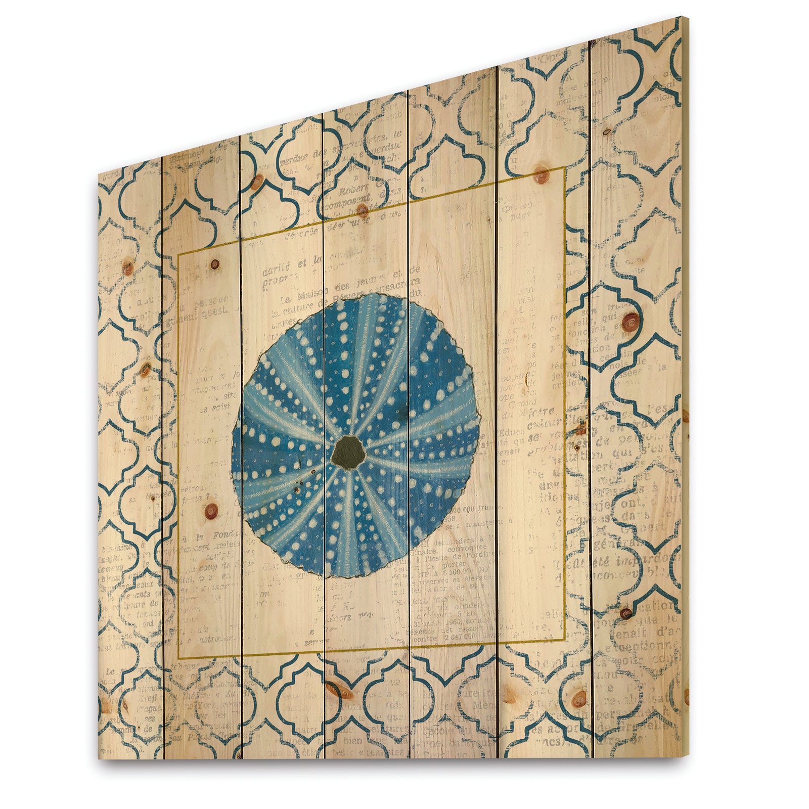 Blue Conch Shell On Blue Coastal Pattern - Nautical & Coastal Print on Natural Pine Wood